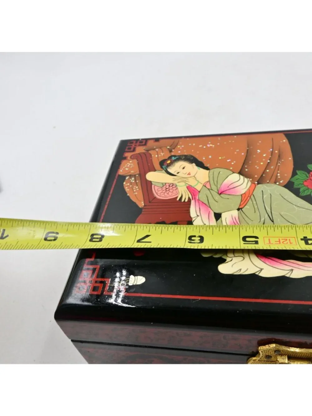 Chinese Black Lacquer Jewelry Box Vintage Hand Painted Reclining Lady Mirror